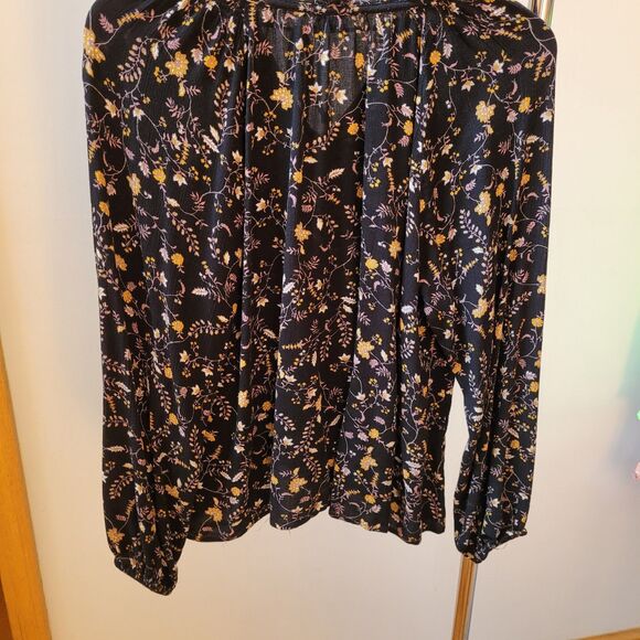 GAP Wnns Boho Black Floral Blouse  Long Slv With Front Tie Sz L - Picture 6 of 9